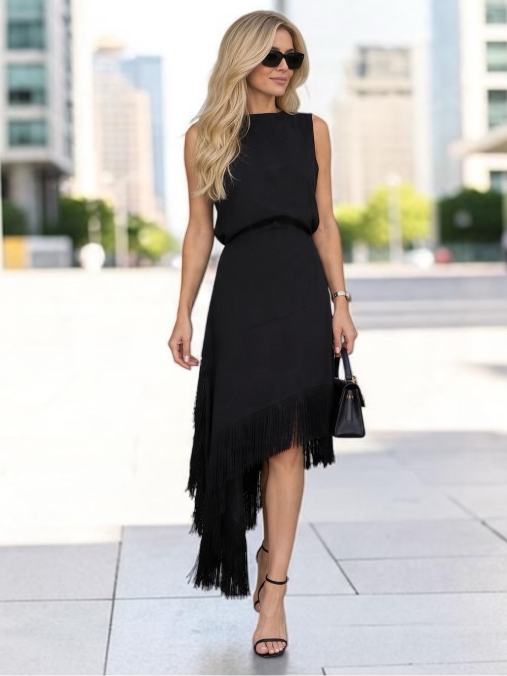 ZARA Black Asymmetric Fringe Midi Dress Open Back Size Medium New With Tags